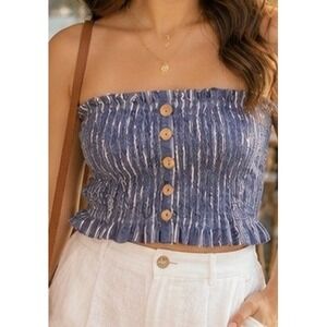 Y2K Smocked Indie Boho Tube Top Blue Women's Large Taxi